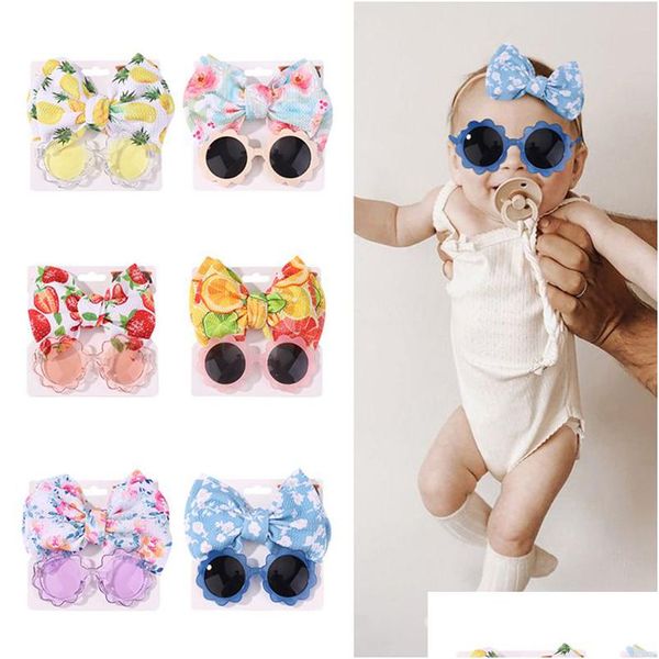 Saç Aksesuarları Bebek Bebek Elastik Kafa Bant Yay Düğüm Saç Bantları Toddlers 2pcs/Set Yuvarlak Güneş Gözlüğü Yaz Boho Sevimli Güzel Colorf Flo Dhuo5