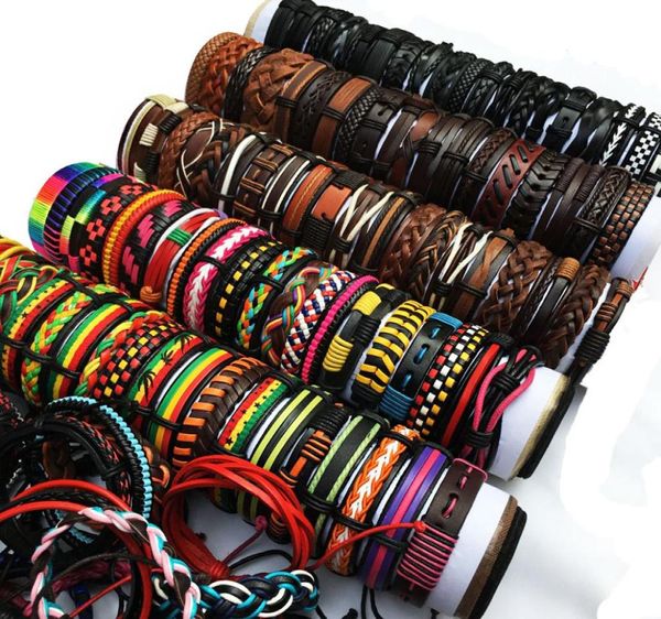 Todo a granel multicolorido aleatório 50 peças lote feito à mão men039s women039s estilos mistos pulseiras de punho de couro trançado joias mx14247961