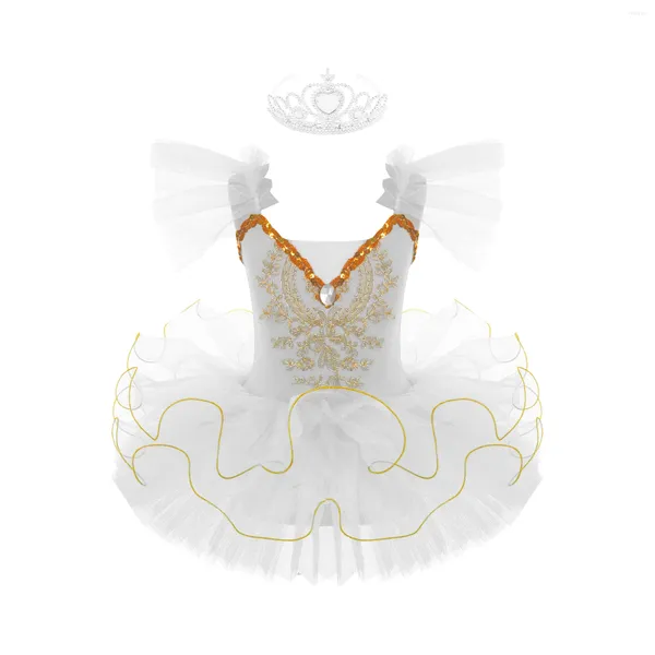 Abbigliamento da palcoscenico Bambini Ragazze Costumi di spettacolo di balletto Manica con volant Paillettes lucide Strass Tutu di pizzo Maglia Ballerina Body da ballo Vestito Corona