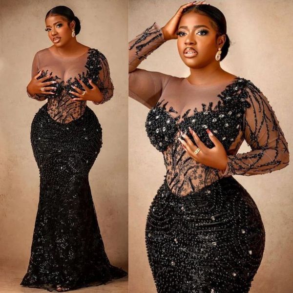 Plus Size Aso Ebi Ballkleider für besondere Anlässe, Meerjungfrau, Illusion, lange Ärmel, Tüll, Spitze, elegante Abendkleider, Geburtstagsparty-Kleider, Verlobungskleid, NL161