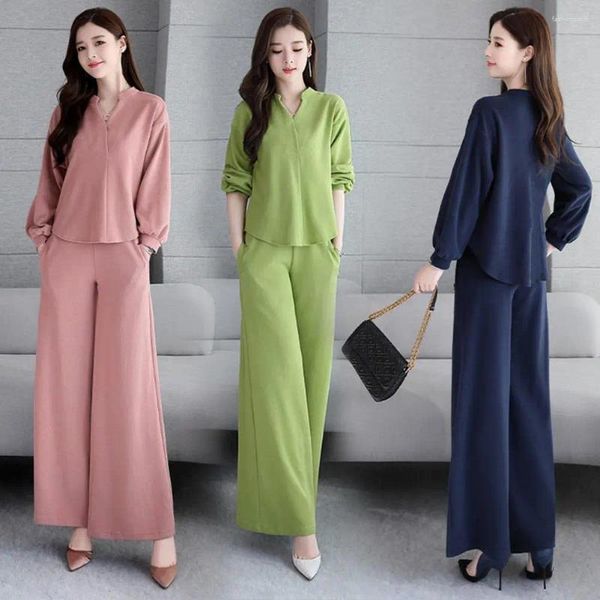 Женские футболки, костюмы 2023, весенне-осенняя мода, свободные топы в корейском стиле, широкие брюки, комплект из двух предметов, женская одежда больших размеров, женская одежда