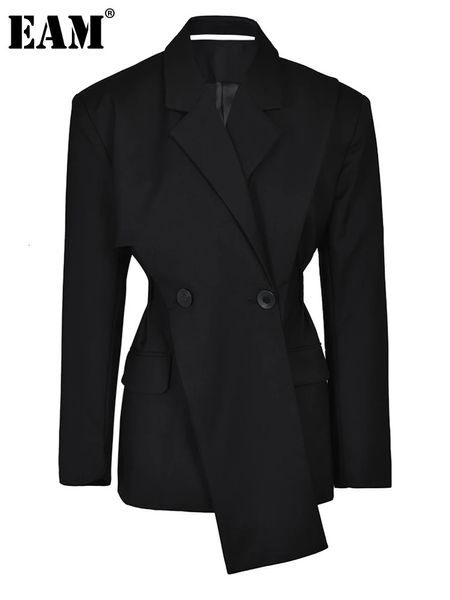 EAM Schwarz Unregelmäßig Geschnittene Blazer Frauen Revers Lange Hülse Lose Fit Jacke Mode Frühling Herbst 17A303401 231225