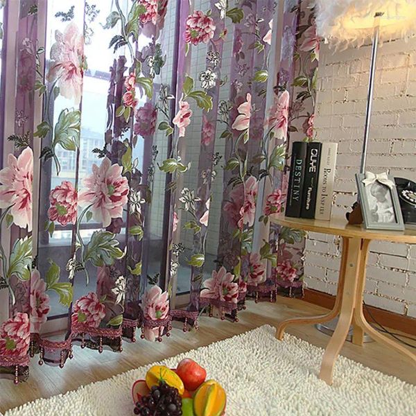 Cortina clássica de poliéster Flores peônias Triagem de janela Personalize produtos acabados cortinas de tule decoração 2 cores