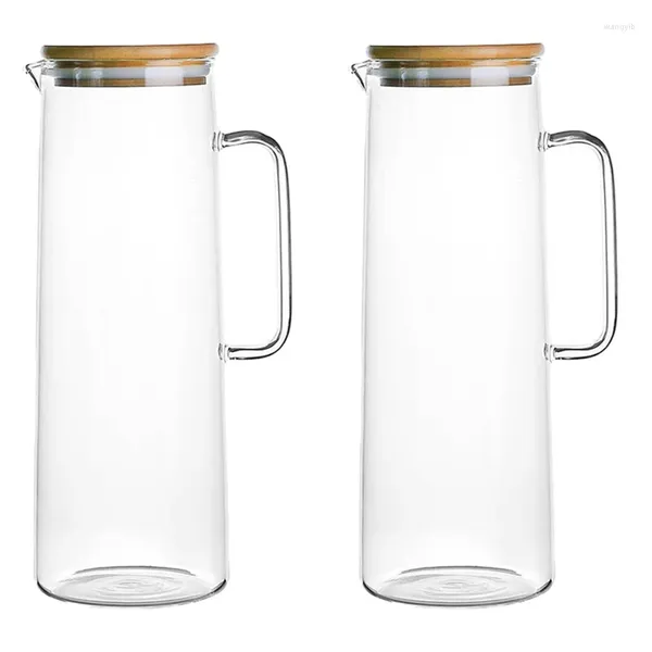 Wasserflaschen 2 x 1,7 l Glaskrug mit Griff, Bambusdeckel, hitzebeständig, Kaltkessel, Fassungsvermögen, Teesaftkrug