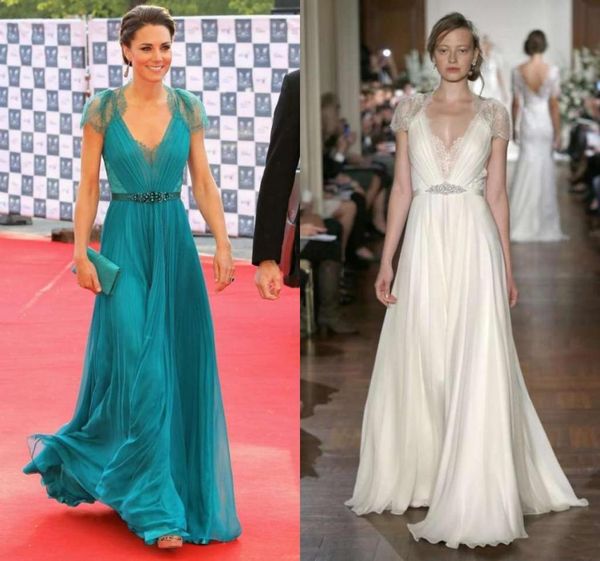 Nova Kate Middleton em Jenny Packham Sheer com mangas boné Vestidos de noite formal celebridade vestidos no tapete vermelho rendas chiffon noite 3043778