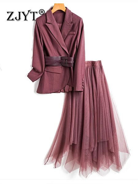 Zjyt Office Lady Blazer Suits Mesh Etek 2 Parça Elbise Setleri Kadın Kıyafet Zarif Bahar Moda Konjontos de Falda Vestidos Top 231227