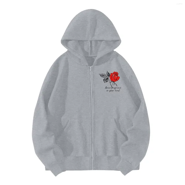 Hoodies feminino zíper para cima moletom Bordado de flor de rosa Desenho de barbante de tamanho grande espessura de roupas quentes roupas de rua gráfica