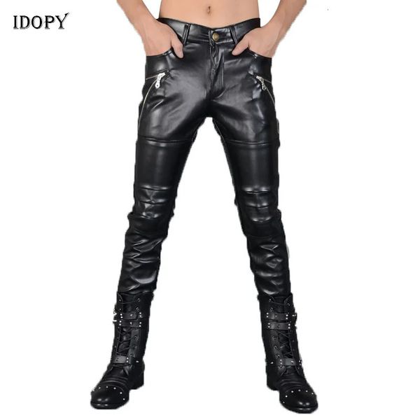 Idopy Pantaloni in pelle da uomo stile punk Cerniere skinny Party Stage Performance Night Club Steampunk Pantaloni in pelle sintetica PU 231228