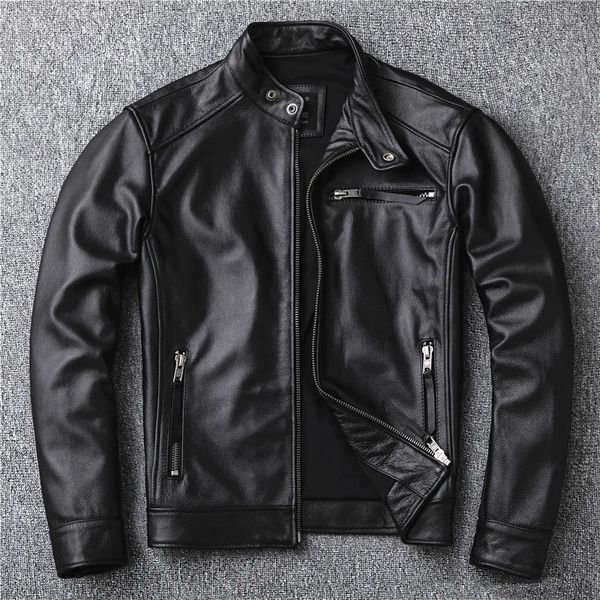 Clássico estilo motor preto jaqueta de couro genuíno moda masculina casual casaco de couro rua motociclista atacado 231227