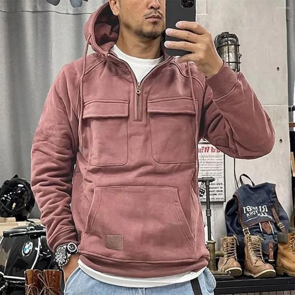 Erkek Hoodies Erkek Taktik Sweatshirt Çeyrek Zip Kargo Kepçe Kapüşonlu Egzersiz Spor Sporları Açık Kış Ceketleri Çalışıyor