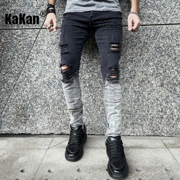 Kakan Europäische und amerikanische Distressed-Jeans in Weiß für Herren, schwarze, elastische, enge Freizeithose K9 1866 231228