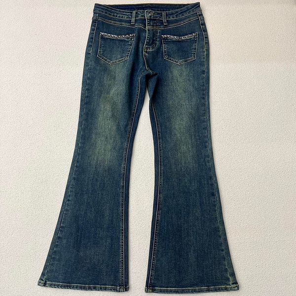 Jeans da donna Autunno e inverno nuovi pantaloni stile ragazza dolce di alta qualità in tessuto morbido micro jeans strappati con catena tascabile elastica