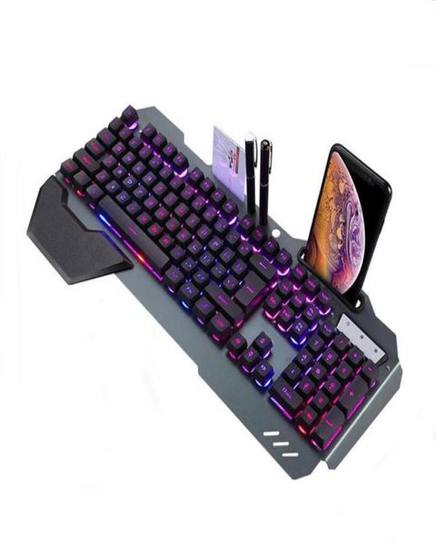 Luzes led teclado usb com fio painel de metal com suporte do telefone teclados de jogos rgb retroiluminado óptico profissional lol gamer1454899