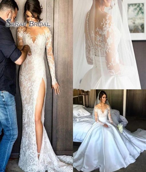 Vestido de noiva de bainha de cetim de 2019 com overskirt hight split praia sexy mangas longas noturnas sem costas vestido formal alterend weddin9107697