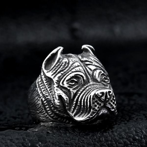 Anello d'anello in acciaio inossidabile vintage maschile vichingo Pitbull Bulldog Gothic Pug Testa del cane Amulet Punk Animal Jewelery for Men Boys218h