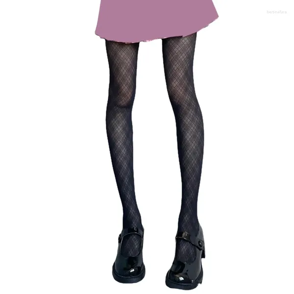 Женские носки, женские сексуальные черные шелковистые колготки Harajuku в японском стиле, винтажные колготки в клетку с ромбовидным узором, чулки