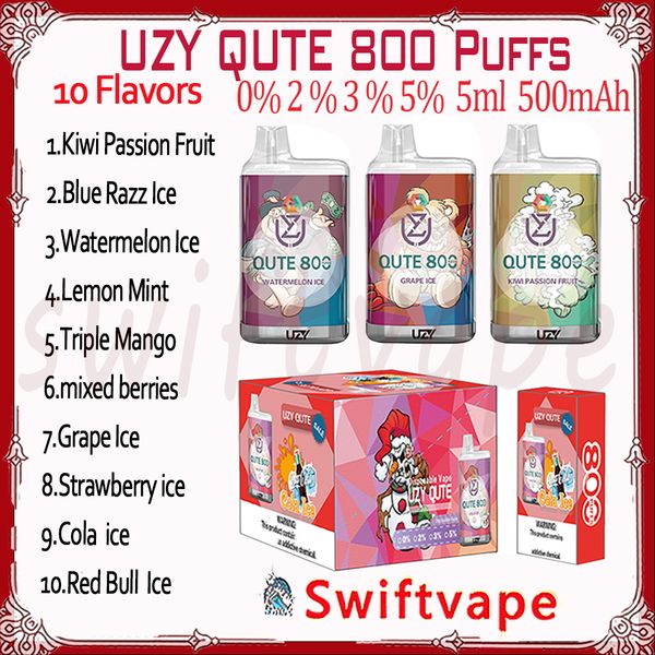 Sigaretta elettronica usa e getta UZY QUTE 800 di alta qualità 500mAh Batteria 10 gusti 3ml 0% 2% 3% 5% 0.8k Puffs Vapes Pen Starter Kit Autentico Puff Plus 800 all'ingrosso