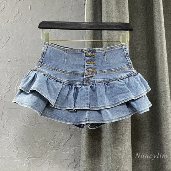 Cintura alta único breasted babados bolo denim saia mulher primavera verão bolha jeans saias meninas estudantes ajuste estiramento 231227