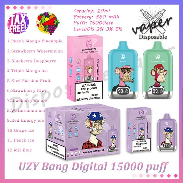 Оптовая продажа с фабрики UZY Bang Digital 15000 Puff Одноразовая ручка Vape Pen 0% 2% 3% 5% Уровень 20 мл Предварительно заполненная капсула 850 мАч Аккумуляторная батарея 15 тыс. Затяжек Электронная сигарета 12 вкусов