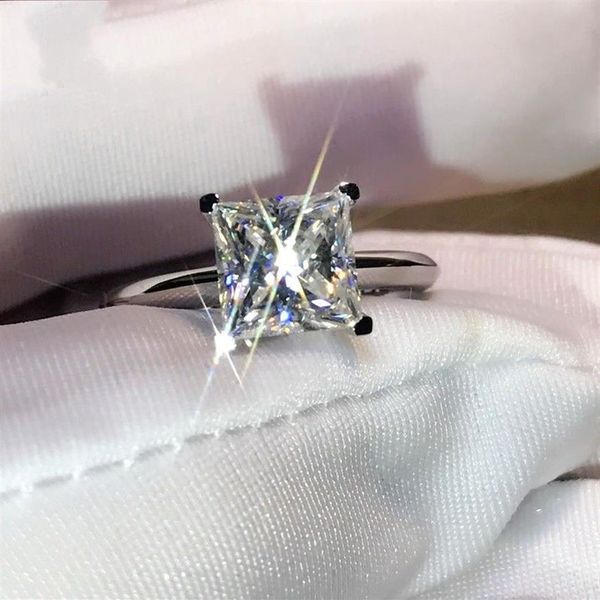 Solitaire Klassischer Vier-Klauen-Luxusschmuck Echt 100 % 925 Sterling Silber Princess Cut Weißer Topas Damen Ehering Ring Geschenk N296N
