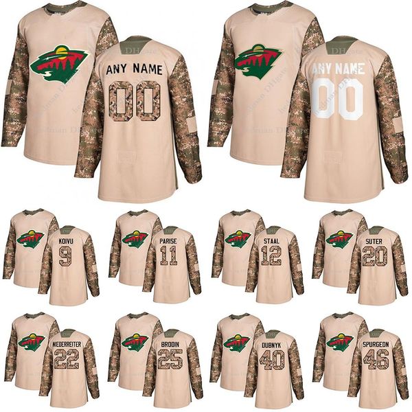 Minnesota Wild Camo Veterans Day Übungstrikots 11 Zach Parise 16 Jason Zucker 22 Kevin Fiala individuelles Hockeytrikot mit beliebiger Nummer und beliebigem Namen