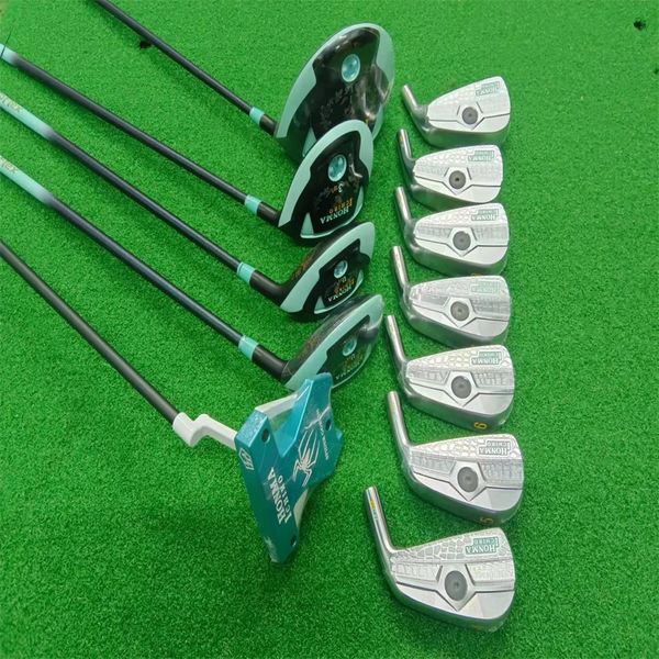 Clubes de golfe femininos novo conjunto original ichiro driver + fairway madeira + ut + ferros + putter eixo grafite autoflex azul/amarelo/rosa