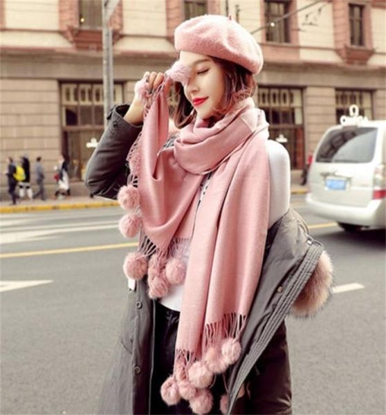 Теплый зимний шерстяной кашемировый шарф с помпоном, розовый толстый шарф с кроличьим мехом, пашмина, большой палантин, женская шаль, одеяло большого размера 2012245450428