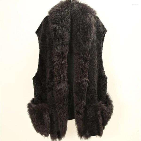 Coletes femininas 2023 senhoras inverno outono cordeiro shearling preto marrom colete de pele real