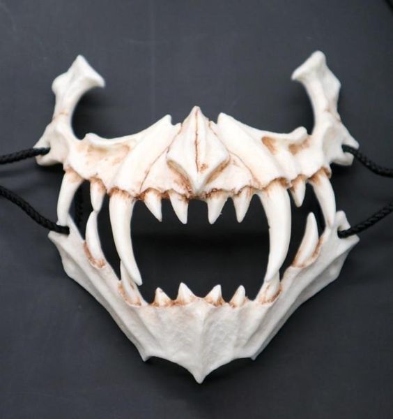 Máscara meio animal dentes longos demônio samurai máscara de osso branco tengu dragão yaksa tigre máscara de resina cosplay t2005096939302