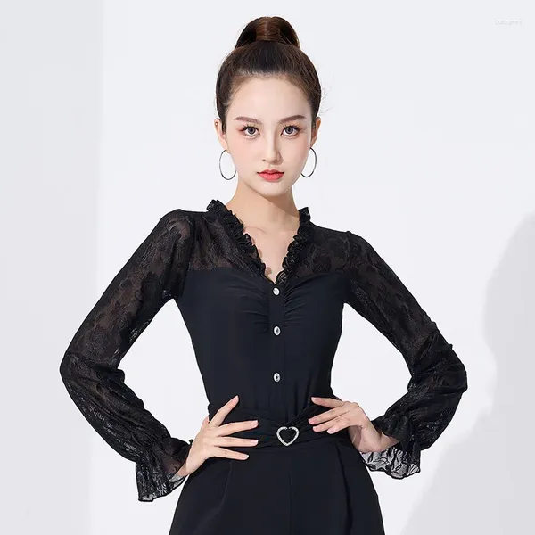 Abbigliamento da palco Camicia da ballo latina in pizzo di colore nero Camicetta moderna a maniche lunghe da donna Top Cha-cha da donna in trapano di alta qualità