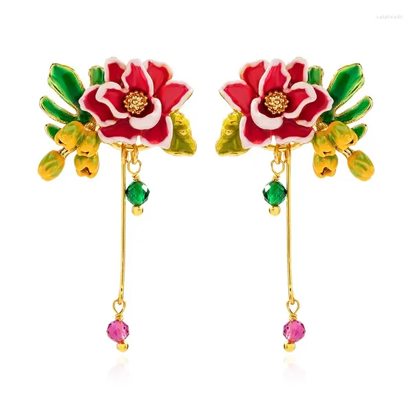 Ohrstecker, Emaille, rote Blume, langer Wald-Stil, Nischen-Design, Ohrclip ohne Löcher für Damen