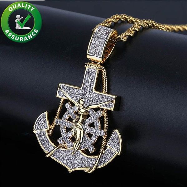 Ciondolo ghiacciato Catene Hip Hop Bling Gioielli da uomo Collana di design di lusso Mens Pendenti con catena di diamanti Anchor Timone Croce Rapper 342d