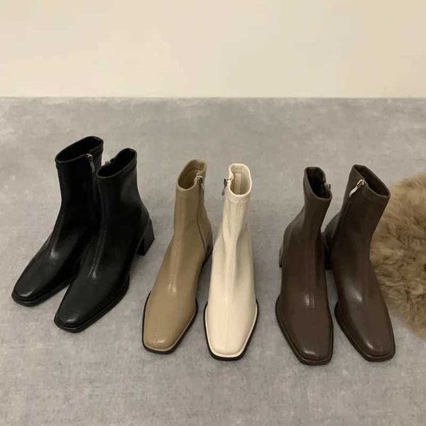 Kleidschuhe, quadratische Zehenpartie, Damen-Stiefeletten, Flock-Stretch-Schuhe, dünne mittlere Absätze, Schwarz/Braun/Beige, Reißverschluss hinten, Kleid, Sockenstiefel, Damengröße 35–39, L231228