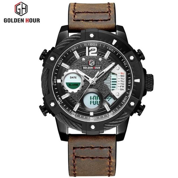 Reloj Hombre GOLDENHOUR модные спортивные мужские часы erkek kol saati цифровые кожаные мужские часы в стиле милитари наручные часы Relogio Masculino2507