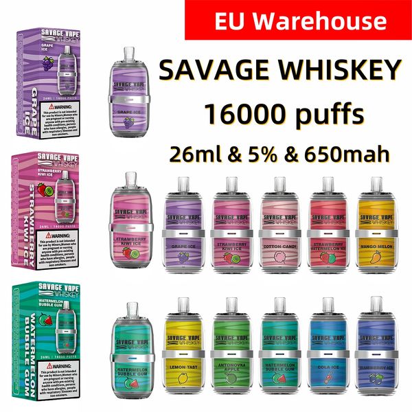 EU Warehouse Savage Vape Whiskey Puffs 16000 Einweg-Vape-Stift Lost Mary Vape 26 ml 5 % 650 mAh Saftgeschmack 6 Farben LGB Light Typ-C wiederaufladbar im Vergleich zu Randm Tornado Poco