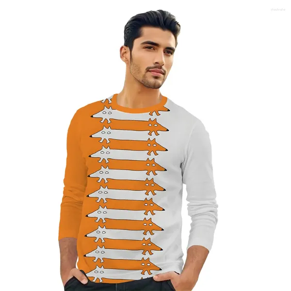 Мужские футболки с 3D принтом, весенне-осенняя теплая одежда, повседневный топ с круглым вырезом, футболка с длинными рукавами и узором