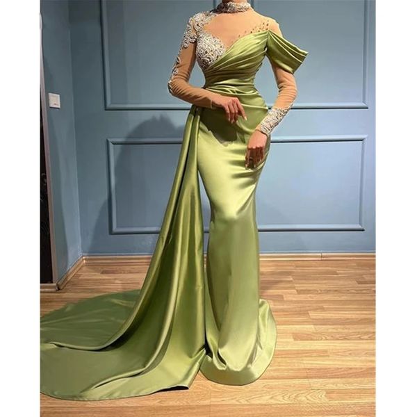 Vintage uzun kollu denizkızı gece elbiseler şeffaf dantel aplikler yüksek boyun lekesi pileler fırfırlar balo robes vestidos gala moda