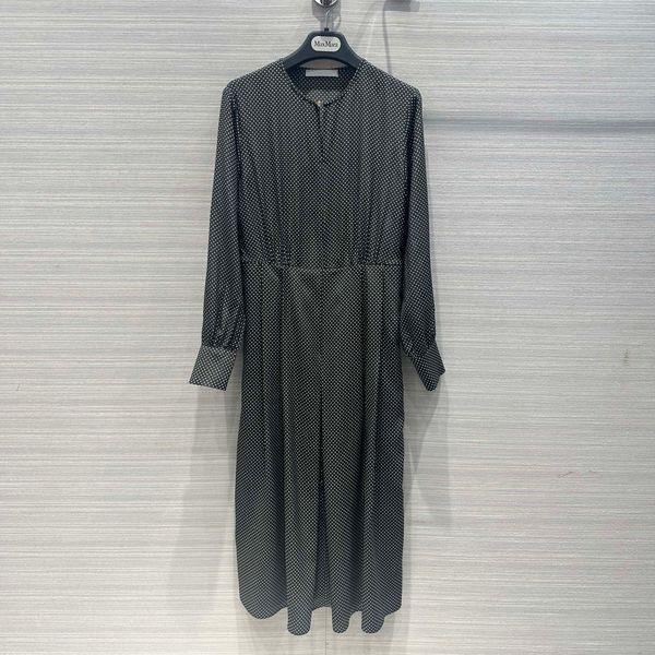 Vestidos femininos marca de moda europeia preto branco ponto impresso em torno do pescoço manga comprida vestido midi de seda