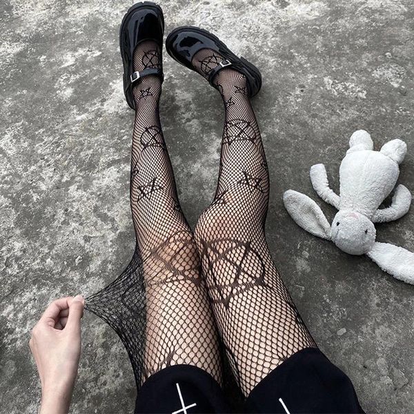 Meias femininas lolita meninas bonito pentagrama impressão gótico punk meias sexy lingerie malha meia-calça preta alta fishnet