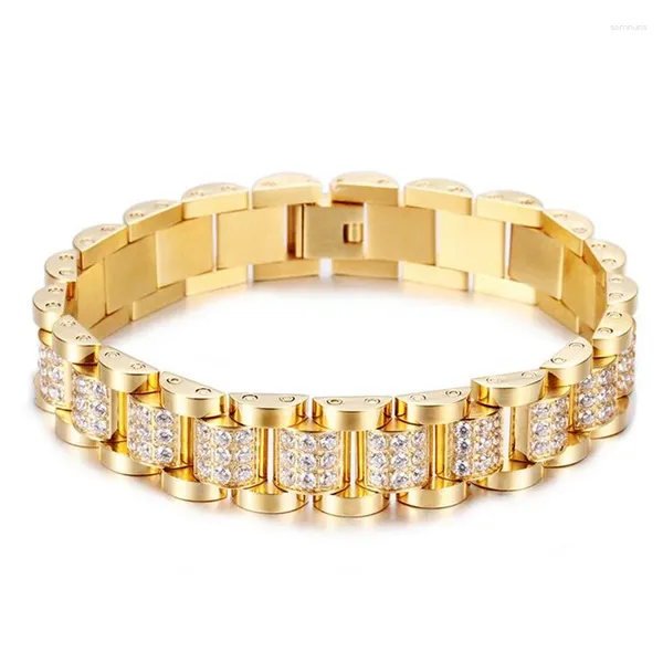 Link pulseiras 14mm punk placa de ouro cz zircon pulseira pulseira homens mulheres hiphop titânio aço moda chunky relógio corrente pulseira jóias