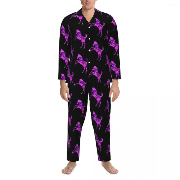 Herren Nachtwäsche Pferd Frühling Süßes Tier lässig Oversized Pyjama Sets männlicher Langarmanzug Weicher Freizeit Anzug