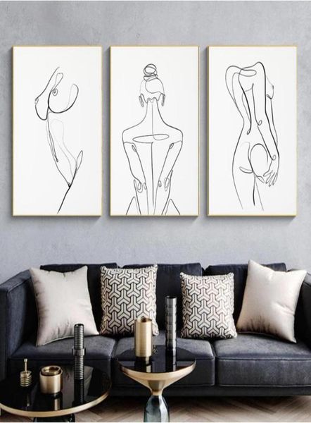 Corpo de mulher, desenho de uma linha, pintura de feminina abstrata feminina impressão de arte nórdica minimalista do quarto decoração de parede de parede pintura4081405