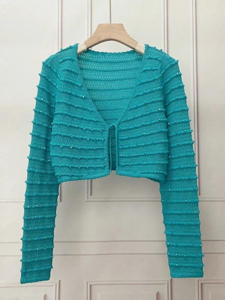 Malhas femininas suéter curto para mulheres 2023 Rhinestone Lace-up deco