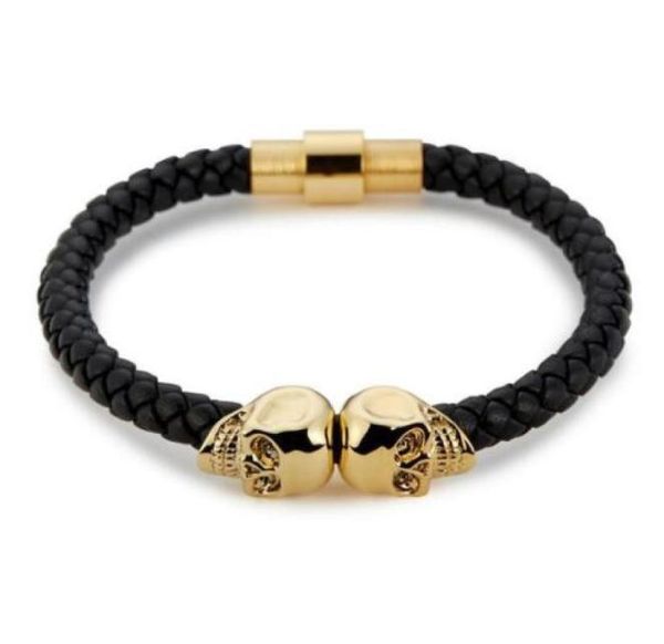 Verkaufen Herren Schwarz Echtes Leder Geflochtene Schädel Armbänder Männer Frauen Edelstahl Gold North Schädel Armreif Modeschmuck2417826