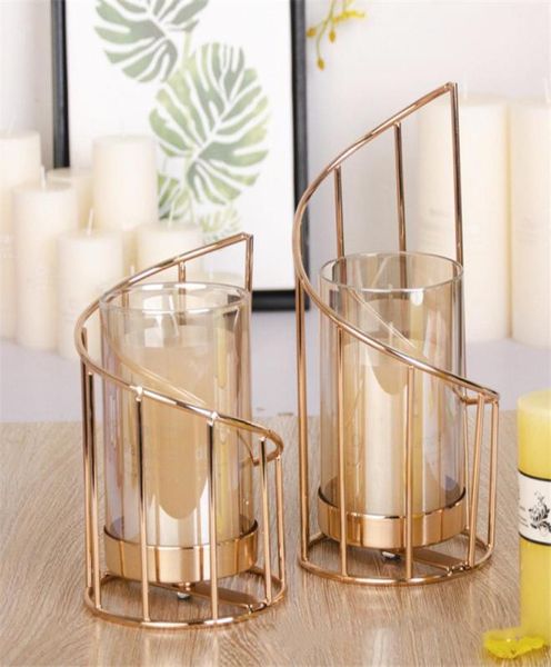 Suporte de ferro dourado castiçal geométrico europeu copo de vela de cristal romântico decoração de mesa para casa t2006249523385