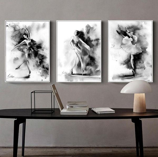 3 pzset Nero Bianco Ballerina Pittura di Arte Moderna Astratta Immagine di Arte Balletto Ragazza Che Balla Tela Poster Home Decor3302225