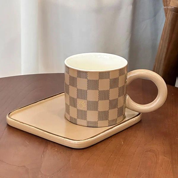Canecas China-chique criativo xadrez cerâmica copo prato colher grande alça redonda caneca escritório café casa bebendo