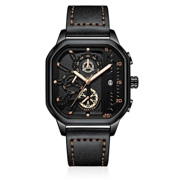 Cool Black NEKTOM Marca Scava Fuori Orologi da uomo Orologio al quarzo accurato Cinturino in pelle Quadrante luminoso Orologi da polso237s