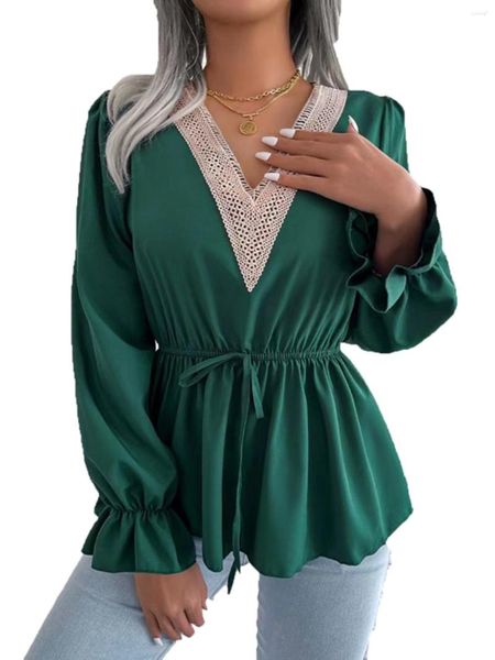 Kadınlar Blouses Moda Bahar ve Sonbahar Amazon Banliyö V-Neck Tığ işi Şarap Kırmızı Bel Kontrollü Dantelli Uzun Kollu Gömlek