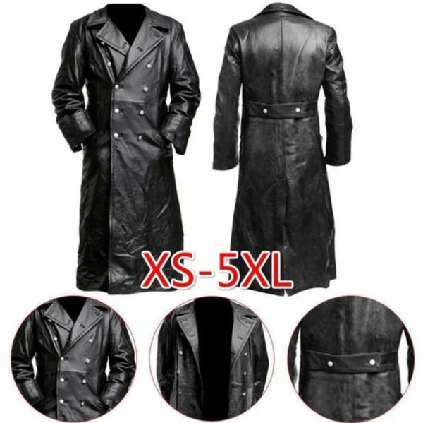 Classico tedesco maschile Ufficiale militare della Seconda Guerra Mondiale Black Trench Real Leather Y231227